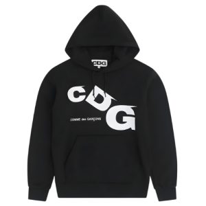CDG:n musta huppari, jossa on valkoinen painettu logo